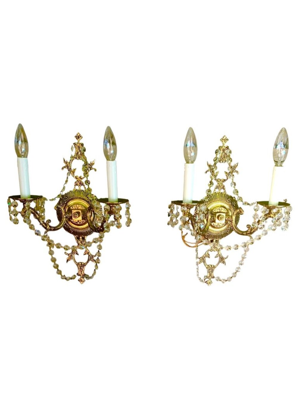 2 Vintage Neoclassical Rococo Revival Brass Wall Sconce Crystal Garland Two Arm